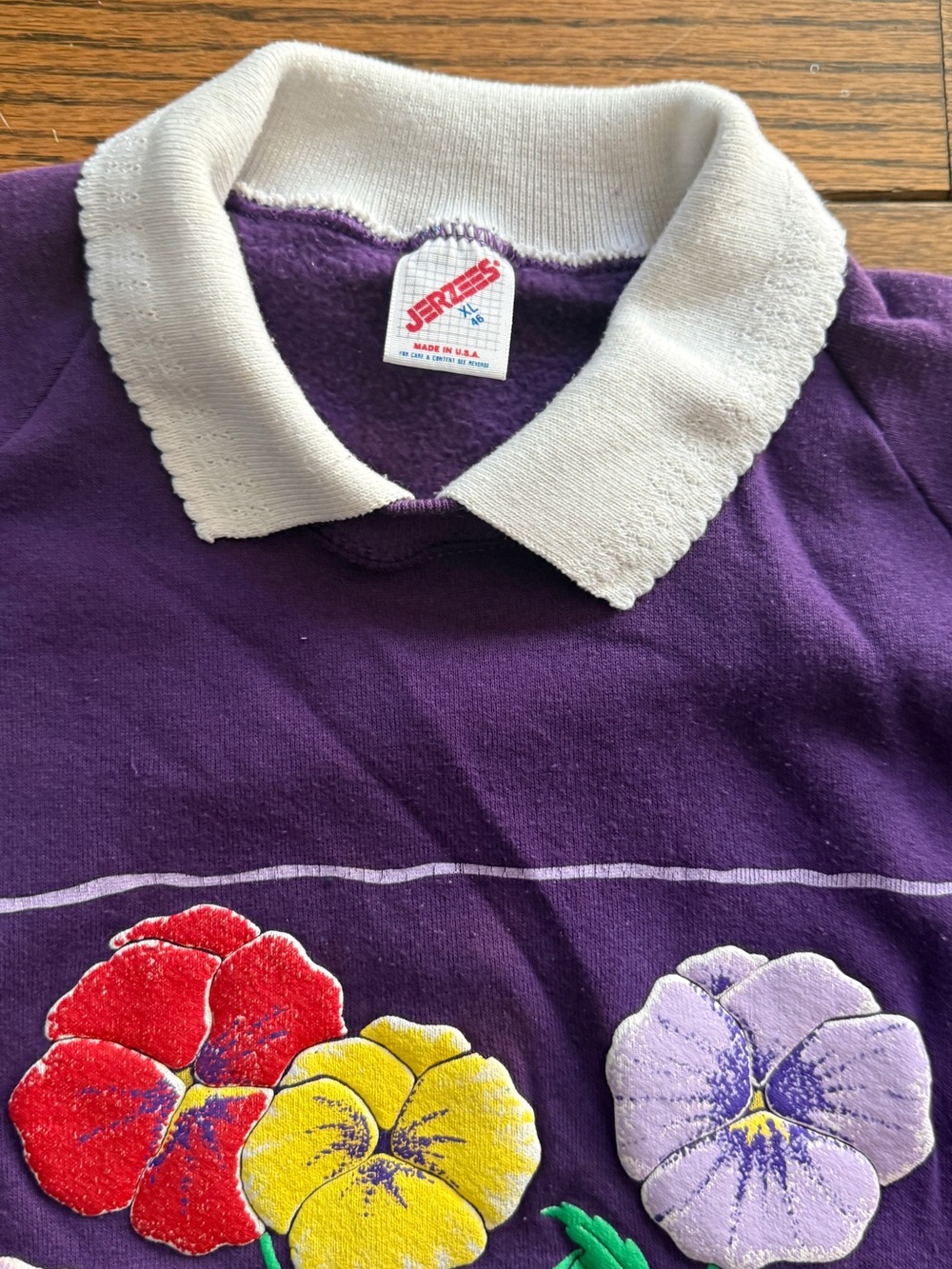 Jerzees Purple Floral Crewneck Sweater with White Collar - Picture 2 of 4